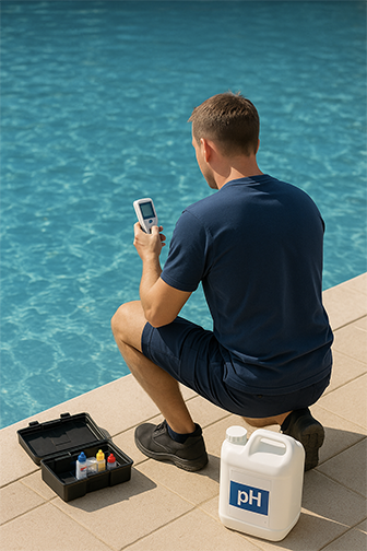 Photo d'un pisciniste en train d'analyser l'eau d'une piscine avant de la traiter
