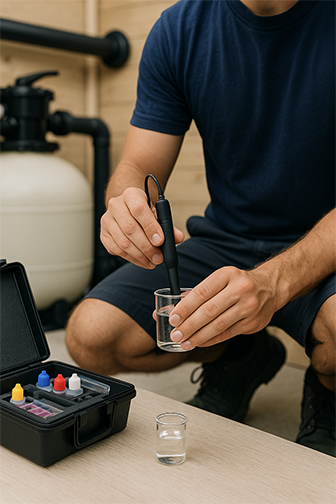 Photo d'un technicien piscine en train d'étalonner une sonde de pH en vue d'une calibration de la régulation pH