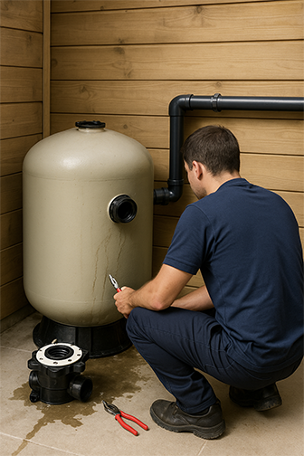 Photo d'un technicien piscine en train de réparer un filtre à sable de piscine