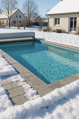 Photo d'une piscine ouverte en pleine hiver avec de la neige tout autour