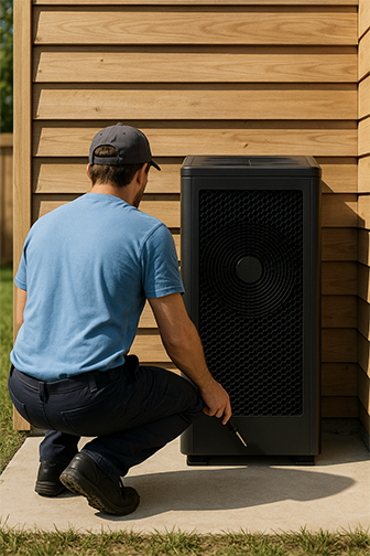 Photo d'un technicien piscine en train d'installer une pompe à chaleur pour une piscine