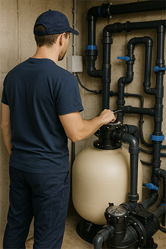 Photo d'un technicien piscine réalisant la maintenance d'un local technique de piscine dans la Loire